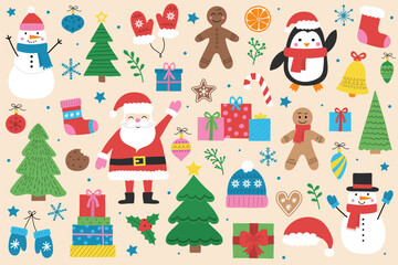Fototapeta premium Christmas characters. Icon set with Santa Claus, Snowman, Christmas tree and presents. Vector illustration