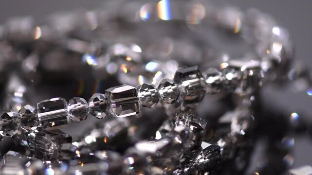 Crystals bracelet or necklace, gems, diamonds over black background, beautiful gems, rhinestones, brilliants sparkling with colorful caustics, rainbow lights. Moissanite. Zirconia 