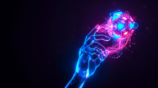 3D glowing glass hand holding a complex digital polyhedron core, cyberpunk metaverse technology
