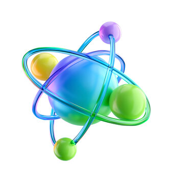 3D render of an atomic model with colorful orbiting spheres