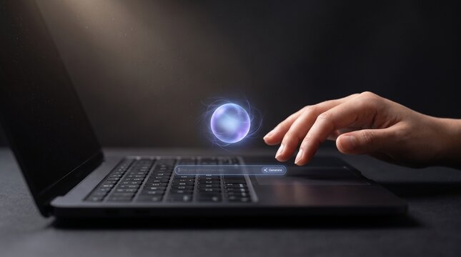 Artificial intelligence glowing sphere hologram photo with user hand over laptop trackpad and futuristic chat search bar interface