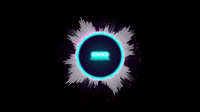 Circular sound visualization graphic showing audio waves and text sound visualisation on black background.