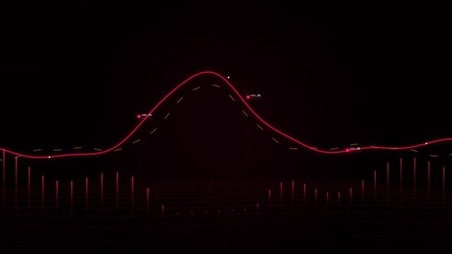 Abstract red data analysis with bar charts moving on grid background motion graphic loop.
