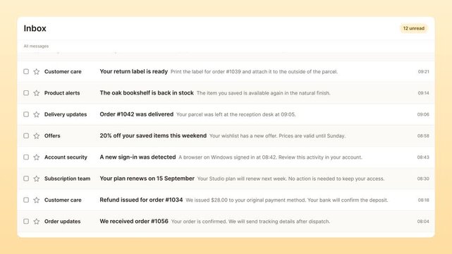 Email inbox interface scrolls through customer messages on warm gradient in landscape format. Billing, offers, security, and delivery updates animate for communication and app design themes.