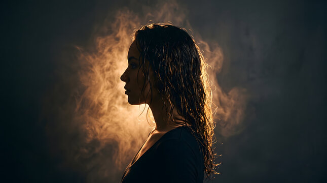Woman in side profile with wavy hair backlit by warm golden smoky studio light scene