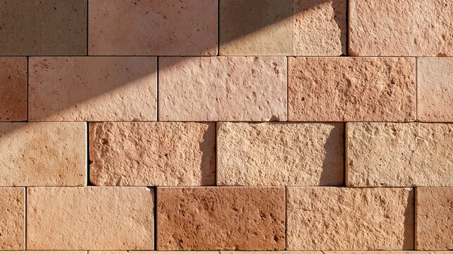Volcanic tuff masonry features rectangular stones in pale rose and warm beige shades with subtle weathering and sunlight across the surface.