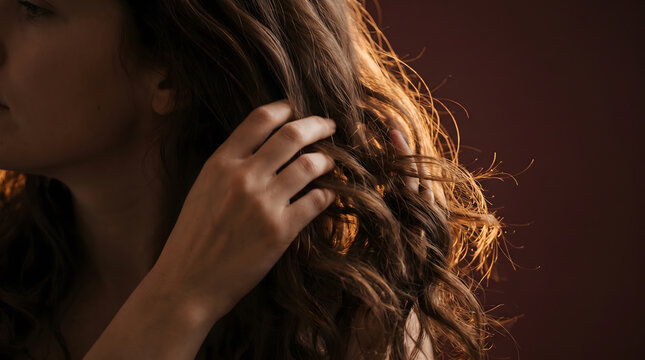 Closeup of hand gently touching wavy hair strand glowing warmly against maroon studio professional background