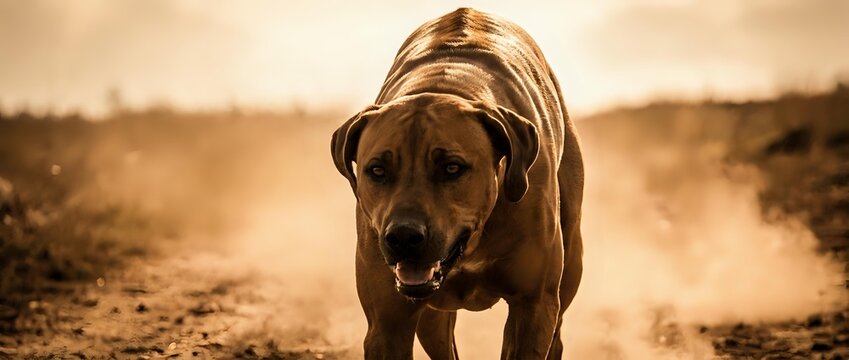 Brown dog walking on dusty desert road in arid landscape