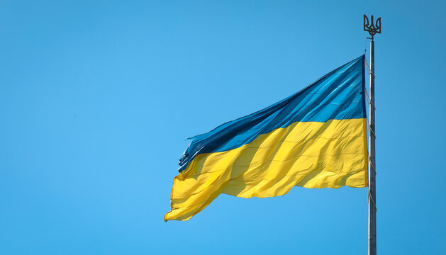 Ukrainian national flag waving in the wind against a clear blue sky, symbolizing independence, sovereignty, freedom, patriotism, and national unity