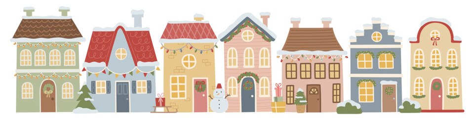 Obraz premium Christmas house vector set with snowman village building elements in a row, vintage holiday retro town border for winter banner, greeting postcard and sticker design