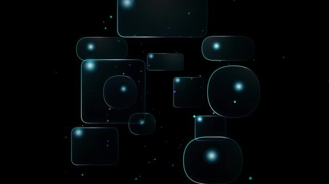 Floating transparent glass panels with soft glowing lights in dark digital space motion background.