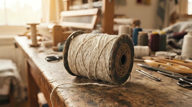 Spool of natural twine on wooden workbench in carpentry workshop with tools and materials