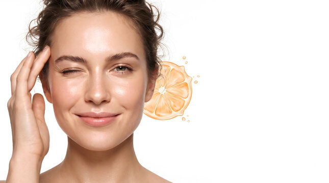 Woman winking playfully beside floating orange slice with citrus juice splash on plain white background