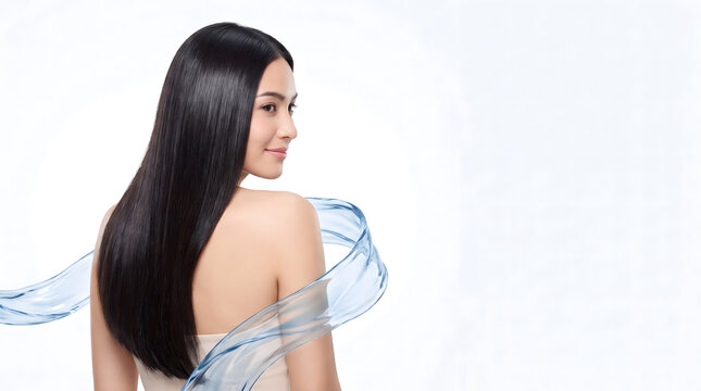 Woman with sleek straight black hair looking back beside flowing translucent blue water ribbon graphic