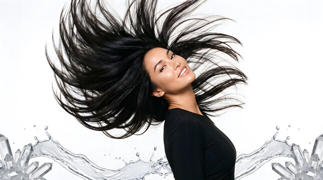 Woman with hair flying dynamically surrounded by water splash and crystal graphics on white background