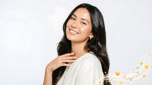 Woman smiling with long straight hair beside floating vitamin biotin nutrient icons on soft background