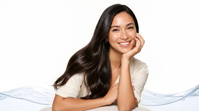 Freckled woman resting hand gently on cheek beside clear water wave background while gently smiling