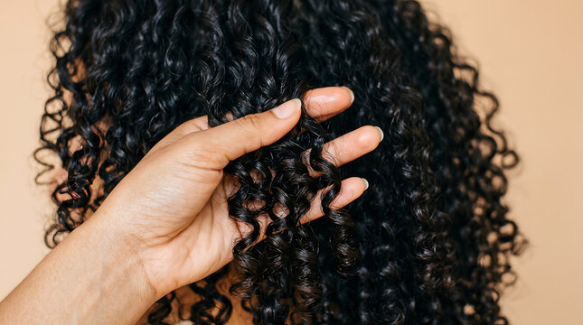 Close up view of hand touching curly black hair texture on warm warm beige backdrop today