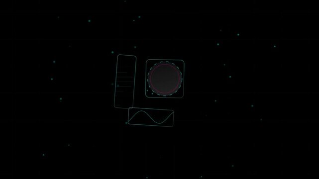 Futuristic digital hud interface with data visualization and motion graphics on black background.