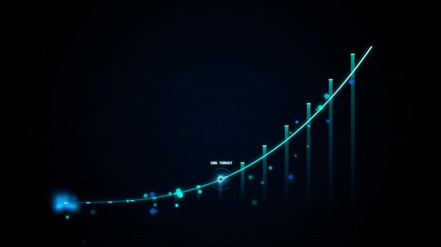 Digital growth chart showing thrust acceleration on dark background with glowing light particles.