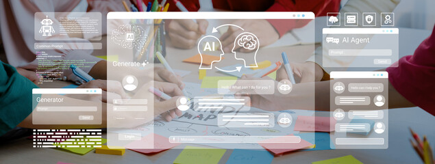 Fototapeta premium A vibrant scene of a team engaged in a brainstorming session, utilizing artificial intelligence tools and digital aids to foster creativity and collaboration in their work processes. Ledger