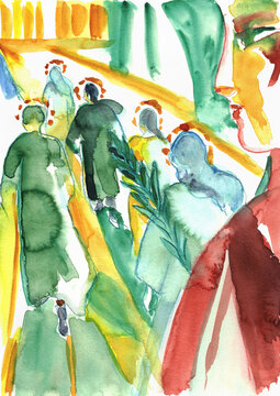 All Saints Day Procession, Spiritual Community in Expressive Hand-Painted Watercolor