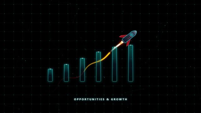 Dynamic growth chart animation with rocket flying up showing business opportunities and progress.