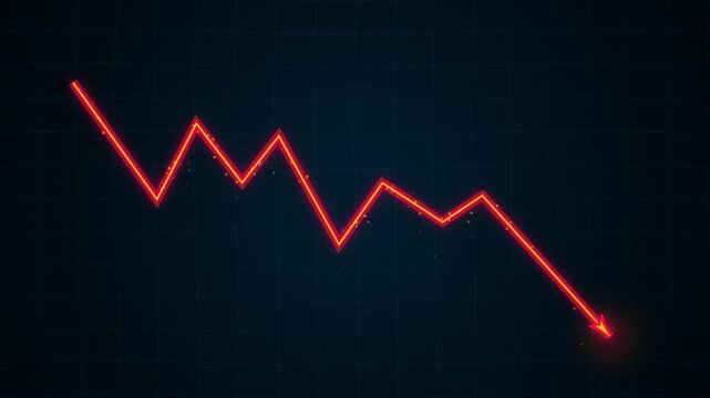 Red downward trend line graph showing stock market crash on dark grid background in motion.
