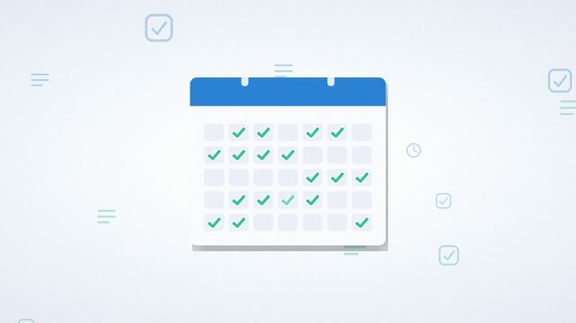 Checked Calendar Page With Blue Header and Green Task Markers Floating Icons