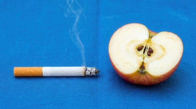 Healthy Apple Versus Unhealthy Smoking Choice Symbolizing Lifestyle Decisions