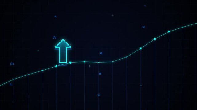 Digital line graph showing upward financial progress with glowing arrow on dark grid background.