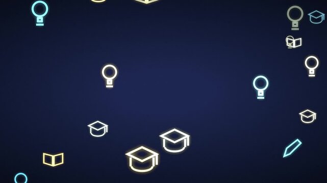Floating Office Icons on Dark Background with Key, Pencil, and Graduation Cap Designs