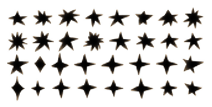 Halftone star and burst sticker shapes Dotted pop art explosion and sunburst vector set with retro comic effect