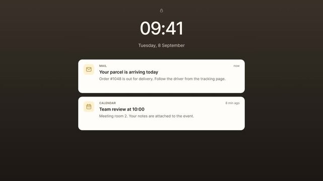 Phone lock screen in dark mode displaying stacked notifications at 09:41. Calendar reminders, parcel arrival alerts, and receipts appear progressively for mobile UI demos and notification design.
