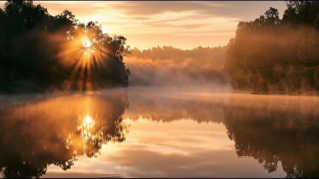 Sun rises over a river, lighting up the water with golden rays and mist lifting off the surface. The day begins in soft light and beauty.