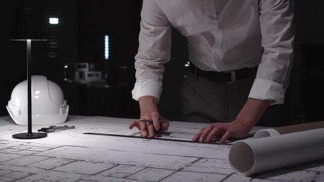 Architect working on night shift, drawing blueprints with precision ruler for new construction project design.