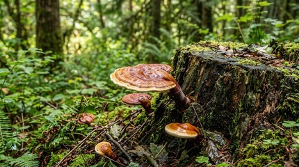 Fototapeta premium Forest Floor Fungi Flourish On Mossy Tree Stump