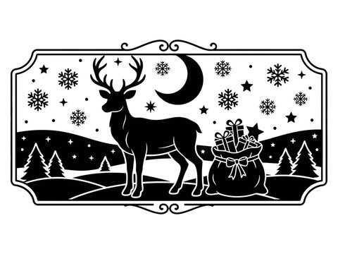 Reindeer winter landscape with moon and gift sack framed silhouette