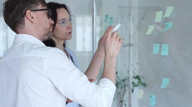 Business colleagues collaborating and problem solving, writing ideas and drawing a success mind map on a clear glass whiteboard with sticky notes during a meeting