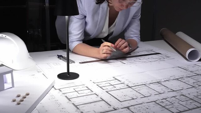 Architect developing blueprint for construction project, drafting building plan using ruler on desk with safety hard hat. Business and architect people concept