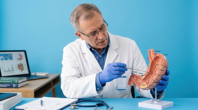 Expert Doctor Demonstrates Gastric Anatomy Model For Patient Education And Medical Training