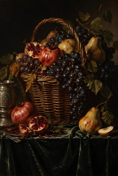 Abundant Fruit Basket Still Life Pomegranates Grapes Pears and Silver Goblet