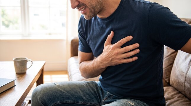Young man sitting on sofa at home gripping his chest in severe pain experiencing cardiac arrest or heartburn