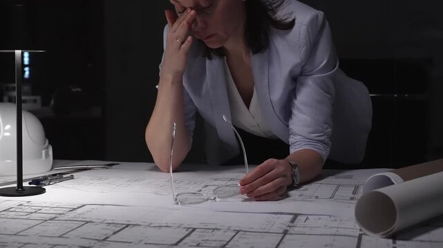 Tired woman architect feeling stress and fatigue while working on project blueprints at her desk in a dark office at night. Business and architect people concept