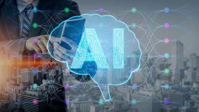 Businessman Holding a Tablet with AI Concept and City Skyline Background, Representing Innovation and Technology in a Digital Age Sigmoid
