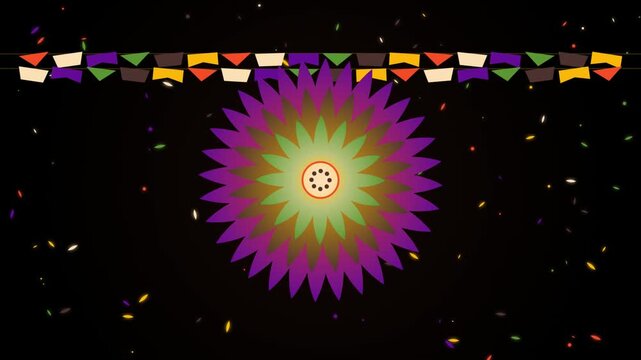 Vibrant fiesta background with spinning paper flower and colorful bunting flags in motion.