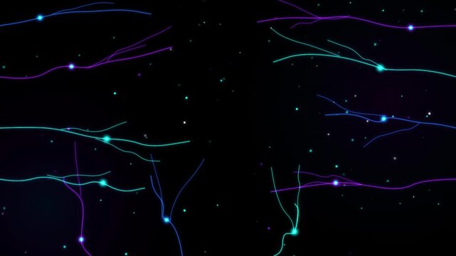 Abstract digital brain neuron network of glowing synapses firing signals on black background.
