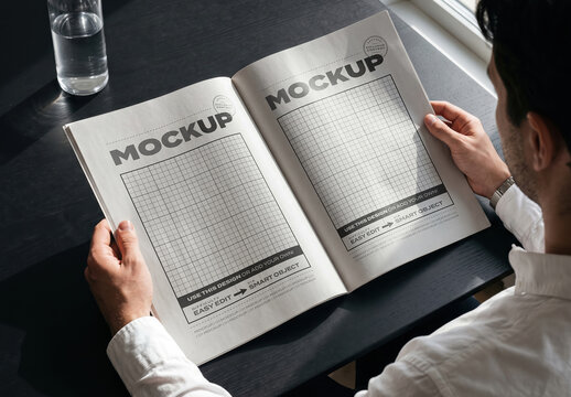 Person Reading Open Magazine Brochure Mockup