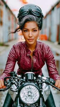 Woman grips handlebars, helmet atop head. Leather jacket gleams in soft daylight. Gaze steady, confident, unyielding. Motorcycle gleams with chrome details. Industrial backdrop whispers grit and grit