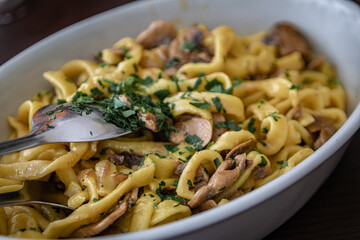 Foie gras and mushrooms tagliatelle pasta at a restaurant in Ventimiglia, Italy © SvetlanaSF